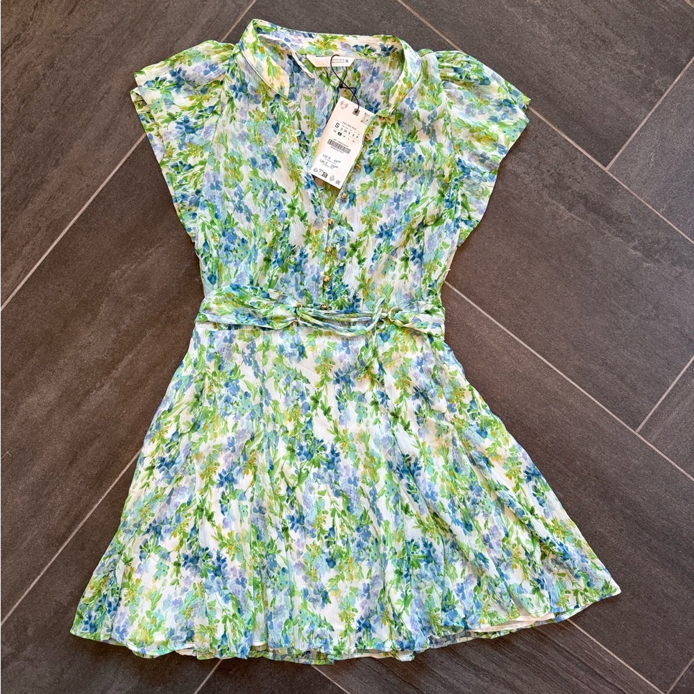 Zara Floral Watercolor Dress in Green & Blue NWT S